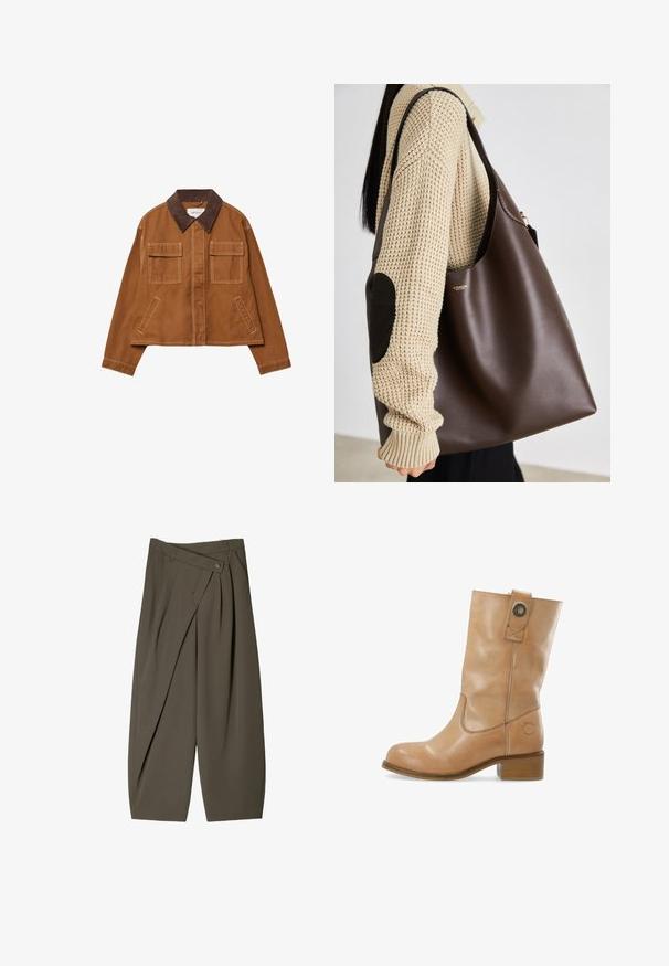 Brown cotton jacket with a corduroy collar, two front pockets, and a cropped design. Contrast stitching along seams.; Black long-sleeve crew neck shirt with a small white label reading "WEEKDAY" inside the collar, displayed on a light background.; Brown button-up shirt with a classic collar, long sleeves, and a straight cut. Soft texture and minimalistic design with no patterns.; Wide-fit trousers in dark olive green fabric, featuring a pleated front design, a button closure, and a polished, textured surface.; Tan leather ankle boot with a rounded toe, low stacked heel, side stitching, and a snap detail at the shaft. Smooth texture.; Brown leather tote bag with a spacious design. Features a smooth texture and a subtle gold logo. Paired with a cream knit sweater.