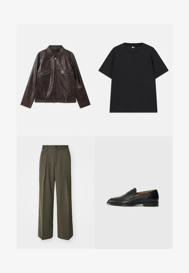 Mörkbrun läderjacka med framdragkedja, två bröstfickor med lock, två sidofickor, krage, långa ärmar och justerbart midjebälte.; Svart kortärmad t-shirt i bomull, med rund halsringning och en liten logodetalj nära fållen. Slät textur, normal passform.; Filippa K WIDE TROUSERS - Tygbyxor - driftwood; Svart läderloafersko med rund tå, subtila sömnadsdetaljer och låg klack, med en jämn yta och minimalistisk design.