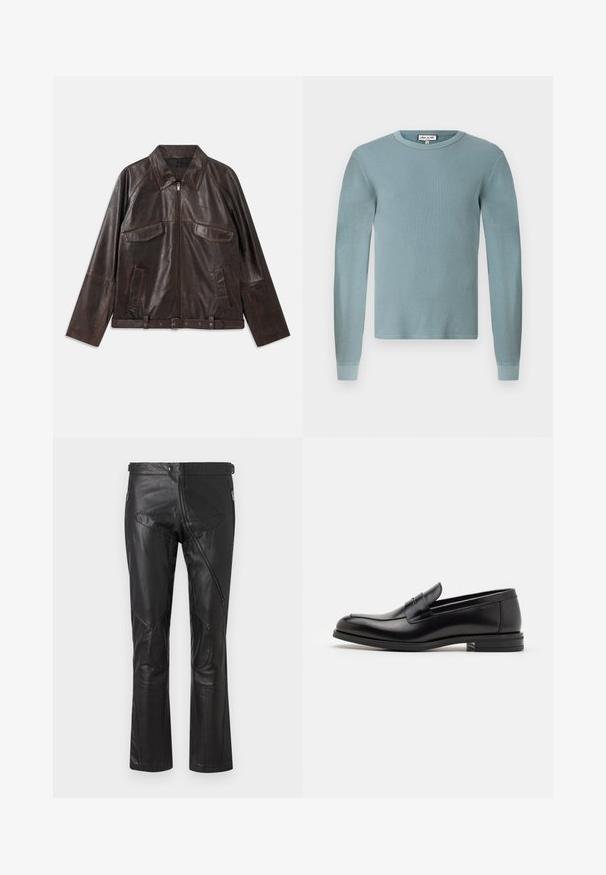 Jaqueta de couro castanho escuro com fecho frontal, duas bolsos de aba no peito, dois bolsos laterais, gola, mangas longas e cinto ajustável na cintura.; Camisa de manga longa azul-clara com textura canelada e decote redondo. Apresenta punhos ajustados e um rótulo de marca simples no colarinho.; Calças de pele preta com um design de perna reta, apresentando bolsos com fecho éclair, remendos nos joelhos e detalhes de cintura ajustável. Textura suave.; Mocassins de couro preto com uma textura suave, bico arredondado e uma faixa decorativa sobre o peito do pé. Salto baixo e empilhado, design minimalista.