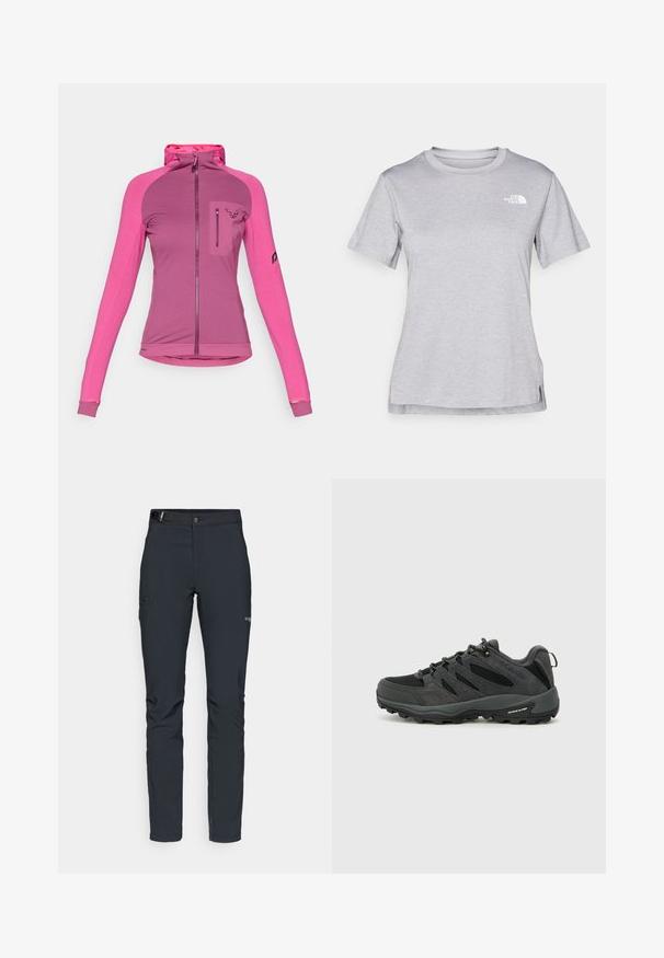 Přiléhavá bunda na zip ve třech odstínech růžové, s vysokým límcem, otvory na palce a zapínací kapsou na prsou s logem.; Šedé tričko s krátkým rukávem vyrobené z měkké, vlhkosti odvádějící tkaniny. Obsahuje kulatý výstřih a malé bílé logo na levém horním rukávu.; Pánské outdoorové kalhoty, tmavě šedé, vyrobené z flexibilního materiálu, s pásem, zipovými kapsami a vyztuženým švem.; Columbia REDMOND - Trekingové boty - black/citron haze