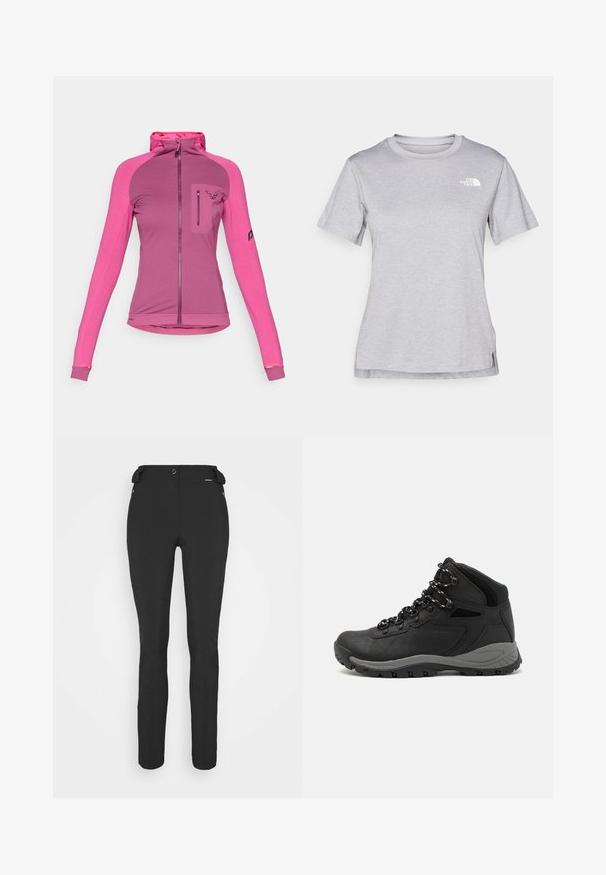 Soevitatud lukuga jakk kolme roosa tooni variandis, millel on kõrge krae, sõrmeaugud ja lukuga rinna tasku, millel on logo detail.; Hall juppuvarrega, pehmeast, niiskust eemaletõukavast kangast lühikeste varrukatega hall T-särk. Omab ümarat kaelust ning väikest valget logo vasakul ülal.; Mustad, hästi istuvad püksid, mis on valmistatud paindlikust materjalist. Omadusteks on lukuga küljetasku, artikeeritud põlved ja sile pind.; Mustarjaline matkasaabas, millel on keskmine disain, tekstuuriga ülemine osa, hallid aktsendid ja vastupidav kummist põhi, millel on haardelugesid.