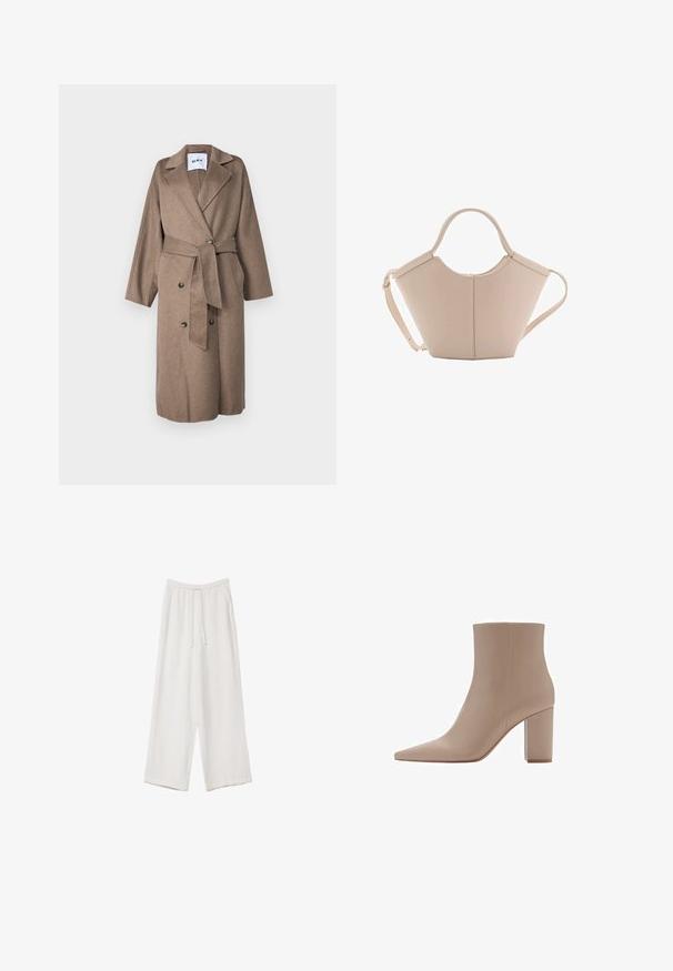Lang brun uldblandingsfrakke med sjalskrave, dobbeltstående knaplukning, bælte i taljen og påsatte lommer. Blødt, tekstureret stof.; Cremefarvet sweater med en klassisk rund halsudskæring, ribstrikkede manchetter og kant, samt en blød tekstur. Letvægtsstof med en glat overflade.; Hvide bukser med bred benlængde lavet af et letvægtsstof. Har et elastisk talje med snor og sidelommer. Glat tekstur.; Beige ankelstøvle med spids tå, lavet af glat materiale, med en gennemsigtig blockhæle og minimalistisk design.; Lysebrun læderhåndtaske med en unik form, featuring to korte håndtag og et langt justerbart rem. Glat tekstur med minimal hardware.