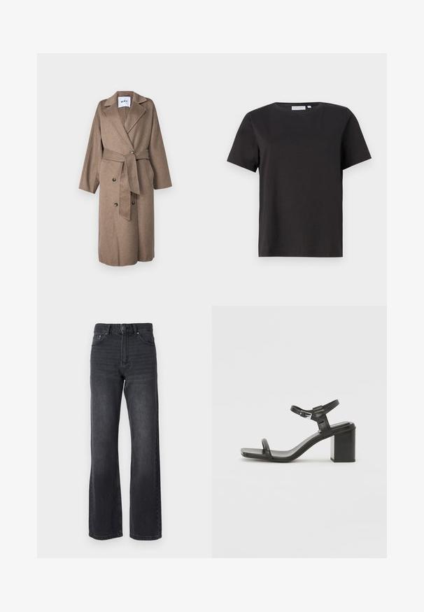 Lange bruine wolmix jas met een sjaalkraag, dubbele knoopsluiting, ceintuur in de taille en opgestikte zakken. Zacht, gestructureerd weefsel.; Zwarte katoenen t-shirt met korte mouwen, een ronde halslijn en een eenvoudig, strak ontwerp. Geen zichtbare patronen of versieringen.; Zwarte high-waisted jeans met een recht gesneden ontwerp, gemaakt van denim. Bevat vijf zakken en heeft subtiele vervaging over de stof.; Zwarte leren sandaal met blokhak, voorzien van een brede band over de tenen en een verstelbare enkelband, met een strakke, minimalistische uitstraling.