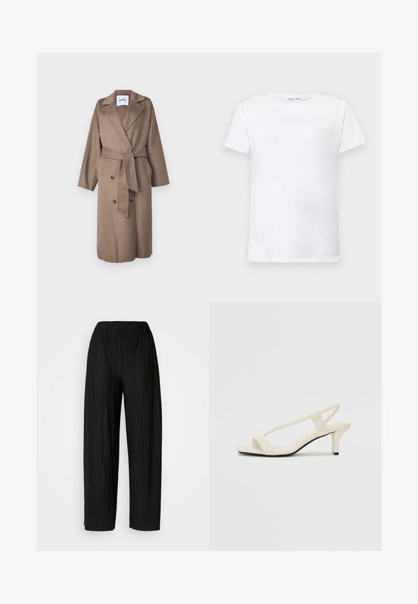 Long brown wool blend coat with a shawl collar, double-breasted button closure, belted waist, and patch pockets. Soft, textured fabric.; White short-sleeve t-shirt made of cotton with a crew neck design. Smooth texture and straight cut, no patterns or accents.; Black pleated wide-leg pants with an elastic waistband. The fabric features vertical pleats and a smooth texture.; Beige block-heeled sandals with thin straps and a square toe. Smooth material with minimal detailing, designed for easy wear.