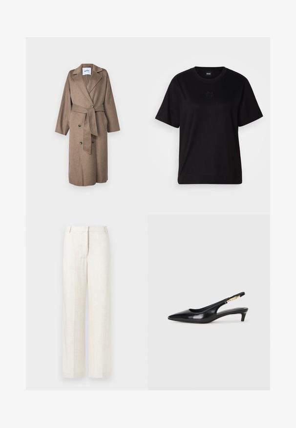 Palton lung dintr-un amestec de lână de culoare maro, cu guler tip șal, închidere cu nasturi dubli, talie cu curea și buzunare aplicate. Material moale, texturat.; T-shirt negru din bumbac, cu guler rotund, mâneci scurte și un logo brodat pe piept. Design simplu, cu o croială relaxată și fără modele.; Pantaloni largi bej, dintr-un amestec de in, cu o textură netedă, pliseuri frontale clasice și buzunare laterale pentru o funcționalitate suplimentară.; Sandale slingback din piele neagră cu vârf ascuțit, având un toc subțire și un accent de culoare aurie pe curea ajustabilă. Textură netedă.