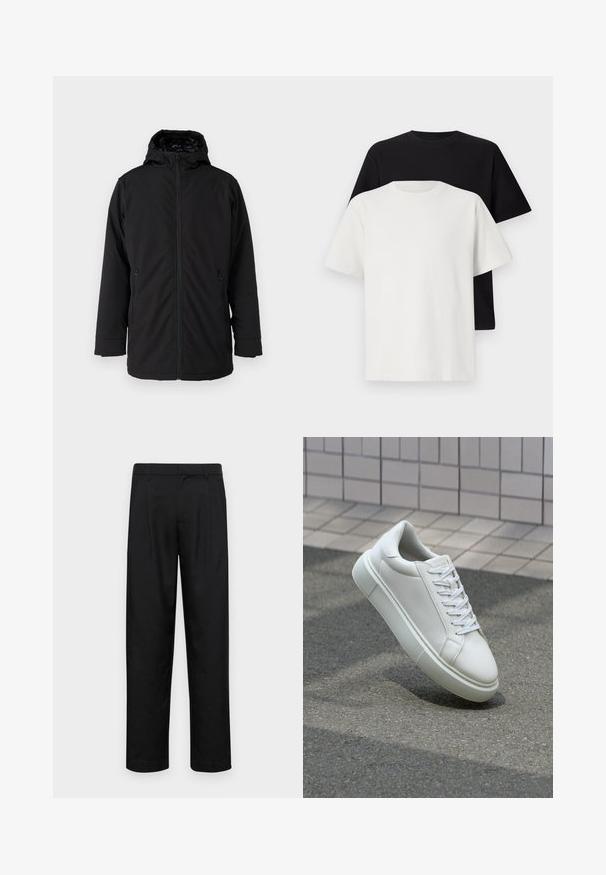 Jaqueta preta com capuz, fechamento à frente por zíper, dois bolsos laterais com zíper e uma textura de tecido suave e mate. Apresenta um interior forrado.; Conjunto de t-shirts em algodão, com uma preta e uma branca, ambas com mangas curtas, decote redondo e corte standard. Tecido texturizado.; Calças pretas feitas de tecido suave, com um design de perna reta, dois pregas frontais e uma cintura padrão com passantes para cinto.; Tênis de couro branco com superfície lisa, bico redondo e cadarços brancos planos. Apresenta uma sola de borracha texturizada e elementos de design minimalistas.