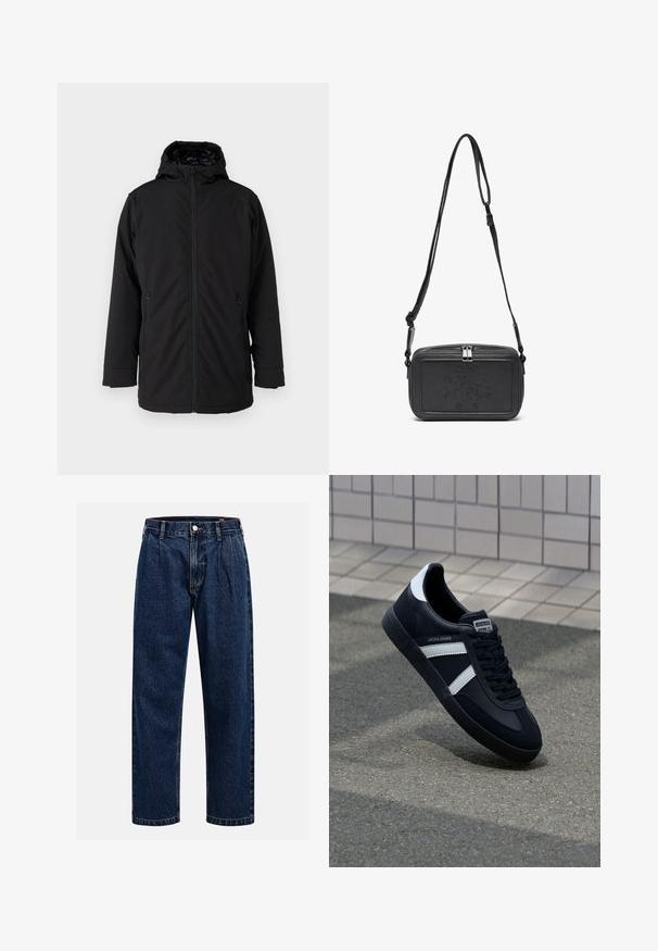 Jachetă neagră cu glugă, cu fermoar frontal, două buzunare laterale cu fermoar și o textură de țesătură mată, netedă. Dispune de un interior căptușit.; Tricou din bumbac crem, cu mâneci scurte și decolteu rotund. Prezintă un print grafic în nuanțe de albastru și roșu, cu text și un motiv.; Jeans din denim albastru închis cu un design drept. Prezintă cusături vizibile, închidere cu buton și pliuri frontale pentru un detaliu suplimentar.; Sneaker din piele neagră cu dungi albe, talpă din cauciuc texturat și șireturi. Prezintă un eticheta de marcă pe limbă.; Geantă din piele neagră, tip crossbody, cu închidere cu fermoar, logo embosat pe față și curea ajustabilă. Textură netedă și formă rectangulară.