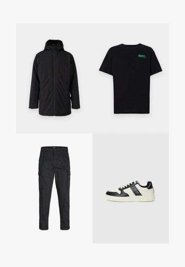 Must have kapuutsiga must jope, millel on ees lukk, kaks lukuga küljetaskut ja sile, matt kangas. Jope on voodriga seest.; Must t-särk, mis on valmistatud puuvillast, lühikeste varrukatega. Esipaneelil on roheline "ROOTS" logo, ümmargune kaelus ja tavapärane lõige.; Mustad mustapõlvik, mis on valmistatud tugeva koe kasutades, sisaldab mitmeid taskuid, nupule kinnitatav sulgemine ja kitsenev disain.; Nahatud nahkkingad musta ja kreemi värviskeemiga, millel on perforeeritud aktsendid, pehme krae ja tekstureeritud tallad.