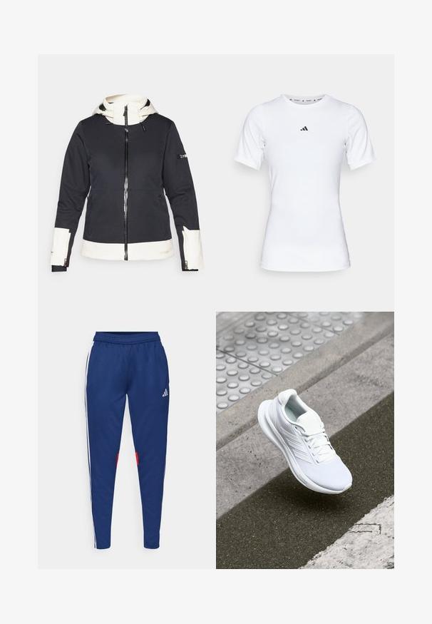 Jacket zip-up bianco e nero con cappuccio, tasche frontali, tasca sulla manica e dettagli bianchi sui polsini, orlo e fodera del cappuccio.; Maglietta sportiva bianca a maniche corte, realizzata in tessuto liscio e elasticizzato. Presenta un piccolo logo Adidas nero sul petto.; Pantaloni della tuta blu navy con strisce bianche sui lati, vita elastica e dettagli rossi vicino all'orlo. Realizzati in un tessuto leggero e liscio.; adidas Performance RUNFALCON 5 bianco