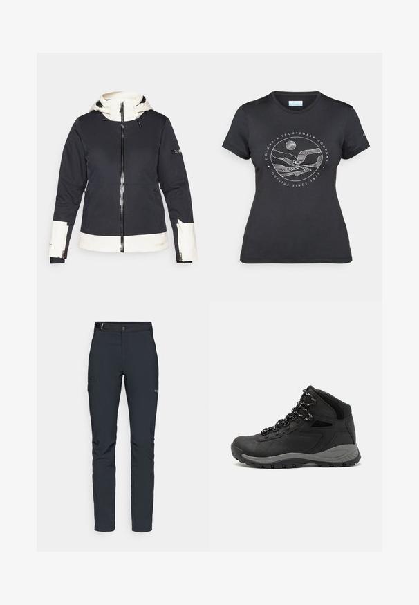 Černá a bílá mikina na zip s kapucí, předními kapsami, kapsou na rukávu a bílými akcenty na manžetách, spodním lemu a podšívce kapuce.; Černé tričko Columbia s bílým kruhovým uměleckým ztvárněním hor a řeky a textem "Columbia Sportswear Company Outside Since 1938."; Pánské outdoorové kalhoty, tmavě šedé, vyrobené z flexibilního materiálu, s pásem, zipovými kapsami a vyztuženým švem.; Černé turistické boty s mírně vyšším střihem, které mají texturovaný svršek, šedé detaily a odolnou gumovou podrážku s trakčními výstupky.