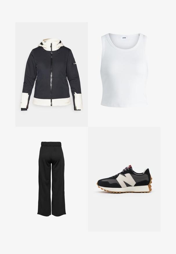 Black and white zip-up jacket with hood, front pockets, sleeve pocket, and white accents on cuffs, hem, and hood lining.; White ribbed tank top featuring a round neckline, sleeveless design, and a cropped length. Label reads "JJXX." Smooth fabric texture.; Black, wide-leg pants with an elastic waistband, made from smooth fabric. Features a clean design with no pockets or visible stitching details.; Black and gray suede sneaker with a large cream-colored "N" logo, purple laces, and a textured gum rubber outsole.