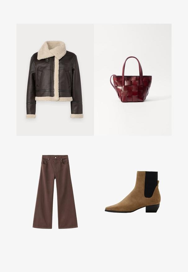 Braune Lederjacke mit einem Schafslederkragen und -futter. Verkürztes Design mit zwei Vordertaschen und kontrastierenden cremfarbenen Akzenten an den Ärmelbündchen und am Saum.; Brauner, gestrickter Pullover mit rundem Ausschnitt und langen Ärmeln. Verfügt über einen lockeren Schnitt und gerippte Bündchen sowie einen gerippten Saum für zusätzliche Textur.; Braune, weite Jeans aus Denim. Verfügt über fünf Taschen, einen Reißverschluss und Metallnieten. Glatte Textur und klassisches Design.; Braune Wildleder-Ankelboots mit spitzer Zehenform, schwarzen elastischen seitlichen Einsätzen und niedrigem Blockabsatz. Glatte Textur, schlankes Design.; Geflochtene bordeauxfarbene Lederhandtasche mit zwei kurzen Griffen und einem abnehmbaren Schultergurt. Sie hat eine strukturierte Form und eine glatte Textur.