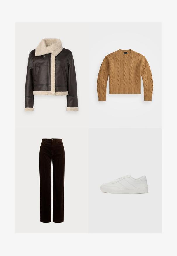 Bruine leren jas met een schapenvachten kraag en voering. Verkorte uitvoering met twee voorzakken en contrasterende crèmekleurige accenten op de manchetten en de onderrand.; Bruine kabelgebreide trui met een ronde halslijn, ribgebreide manchetten en zoom, voorzien van een klein logo op de borst, gemaakt van gestructureerde stof.; Polo Ralph Lauren COTTON CORDUROY WIDE-LEG PANT - Broek - dark beech; Witte leren sneaker met platte veters, ronde neus en subtiele stiksels. Beschikt over een gestructureerde zool en een in reliëf gedrukt merkteken op de hiel.