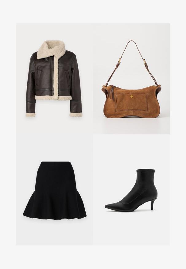 Braune Lederjacke mit einem Schafslederkragen und -futter. Verkürztes Design mit zwei Vordertaschen und kontrastierenden cremfarbenen Akzenten an den Ärmelbündchen und am Saum.; Vero Moda Tall VMHAPPINESS ROLLNECK - Strickpullover - oatmeal; Schwarzer, ausgestellter Rock aus weichem Stoff. Verfügt über eine anliegende Taille und einen wellenförmigen Saum, der ein schichtartiges Aussehen erzeugt.; Schwarze Knöchelstiefel aus glattem Leder mit einer spitzen Zehe und einem kurzen, dünnen Absatz. Sie zeichnen sich durch ein nahtloses Design und subtile Steppnähte aus.; Dolce Vita JOSIE - Handtasche - pecan; Goldfarbene Ohrringe mit einer glatten, runden Form, die eine reflektierende Oberfläche und einen Steckverschluss für sicheren Halt aufweisen.