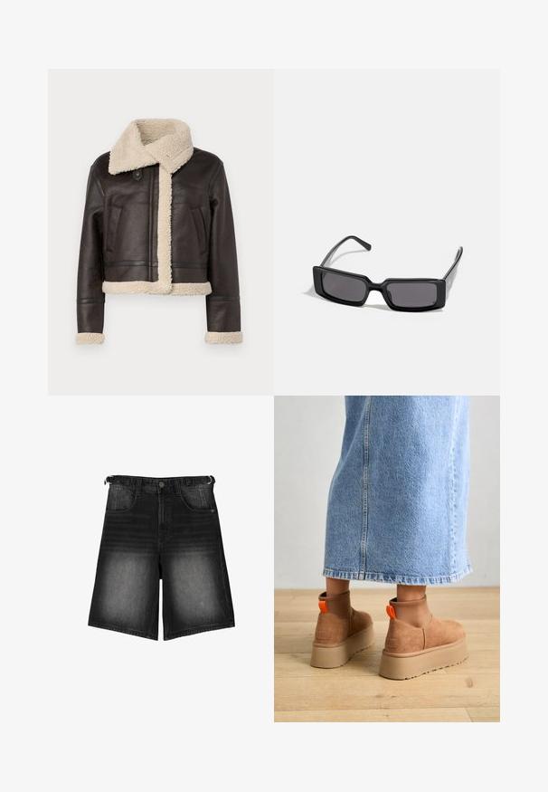 Brun læderjakke med en fåreskindskrave og -for. Kort design med to frontlommer og kontrasterende cremefarvede detaljer på ærmer og søm.; Vero Moda Tall VMHAPPINESS ROLLNECK - Striktrøje - oatmeal; Sorte denim shorts med en falmet finish, fem lommer, knaplukning og bæltestropper. Stoffet har en glat overflade.; Brune ruskinds platform støvler med elastiske sidepaneler og orange trækstropper, parret med en knælang lys denimnederdel på et trægulv.; Sorte solbriller med en rektangulær ramme, mørke linser og en glat, blank overflade. Har tynde stænger med subtil branding på siden.; Guldfarvede øreringe med en glat, rund form, der har en reflekterende overflade og en stift, der sikrer en sikker pasform.