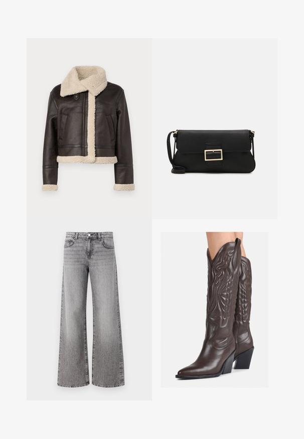 Hnedá kožená bunda s ovčou podšívkou a golierom. Skračený dizajn s dvoma prednými vreckami a kontrastnými krémovými akcentmi na manžetách a leme.; Čierny top s dlhými rukávmi, vyrobený z textúrovanej čipky, s volánovým výstrihom a priliehavým strihom v skrátenej siluete.; Džínsy s širokými nohavicami vyrobené z šedej denimu s vybledlým povrchom. Obsahujú klasické vrecká a zapínanie na gombík v pase.; Hnedé kožené kovbojské topánky s špicatou špičkou a blokovým podrážkou, so zložitým prešívaním a vyvýšenými akcentmi na puzdre.; Čierna kožená clutch taška s klopou a zlatým kovovým detailom s prackou. Obsahuje čierny remienok a elegantný, minimalistický dizajn.; Strieborné kruhové náušnice s minimalistickým dizajnom. Cirkulárny tvar, hladký povrch a tenký profil. Ľahké s lesklým povrchom.