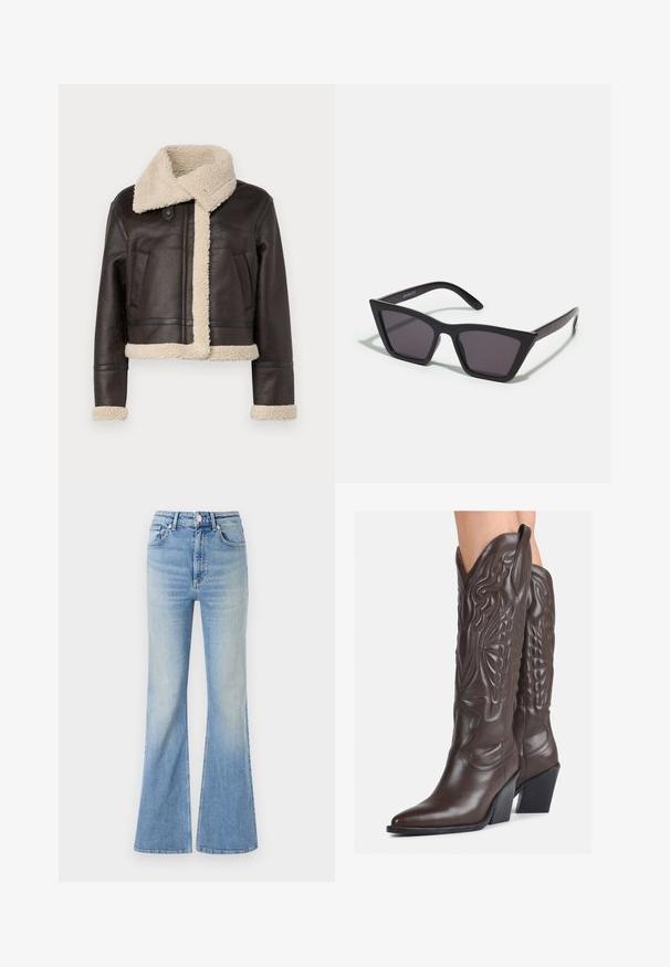 Veste en cuir marron avec un col et une doublure en shearling. Design court avec deux poches avant et des accents crème contrastants aux poignets et à l'ourlet.; Débardeur blanc sans manches en tissu côtelé, doté d'un col rond et d'une silhouette ajustée, avec des coutures minimales et sans ornements.; Jean évasé bleu clair en denim, doté d'une taille haute, d'un design à cinq poches et d'un dégradé subtil vers l'ourlet.; Bottes de cowboy en cuir marron avec un bout pointu et un talon bloc, présentant des coutures détaillées et des accents en relief sur la tige.; Lunettes noires angulaires avec des verres gris ; fabriquées en plastique, avec des branches épaisses à la surface lisse et sans matériel visible.; Petit sac à main crème avec une finition texturée, une longue sangle réglable, un accent en chaîne et une fermeture à rabat. Détails en matériel doré.; Boucles d'oreilles en argent en forme de créoles avec un design torsadé, dotées d'une finition polie et d'une fermeture à poussoir. Mesurent environ 3 cm de diamètre.