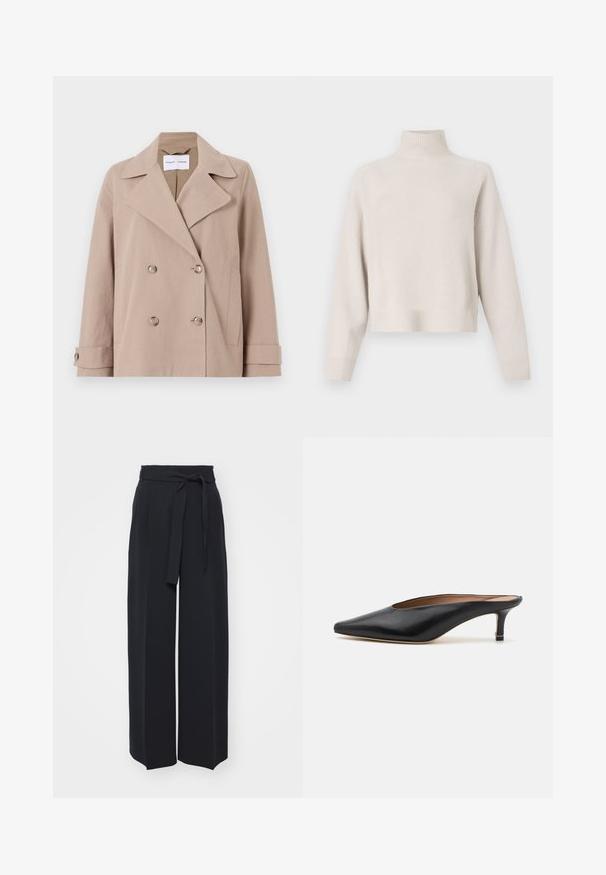 Veste beige croisée en tissu mélangé coton, présentant de grands rabats, deux poches avant et des poignets boutonnés.; Pull à col roulé beige clair en tissu doux. Dispose d'une coupe décontractée, d'un ourlet et de poignets côtelés, et de manches longues. Design minimaliste.; Pantalons noirs à jambes larges en tissu doux. Dotés d'une taille ceinturée et de plis avant. Texture lisse avec un design épuré et contemporain.; Mules en cuir noir avec un bout pointu et un petit talon carré. Texture lisse avec un design épuré. Dos ouvert avec un minimum de détails.