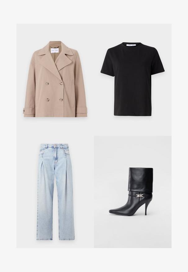 Bēšas krāsas divrindu žakete, kas izgatavota no kokvilnas maisījuma auduma, ar lieliem uzgriežņiem, divām priekšējām kabatām un pogājamiem piedurkņu galos.; Melna īsām piedurknēm T-kreklu, kas izgatavots no mīksta kokvilnas, ar apļveida kakla izgriezumu, brīvu piegriezumu un gludu tekstūru. Nav redzamu rakstu vai grafikas.; Gaiši zilas džinsu bikses ar augstu jostasvietu, plats kāju griezumu, divām sānu kabatām un krokotā dizaina akcentiem. Mīksta tekstūra ar izdilušu apdari.; Melnas ādas potīšu zābaki ar smailu purngalu, augstu stiletto papēdi, salocītu aproci un zeltītu dekoratīvu sprādzi uz potītes.