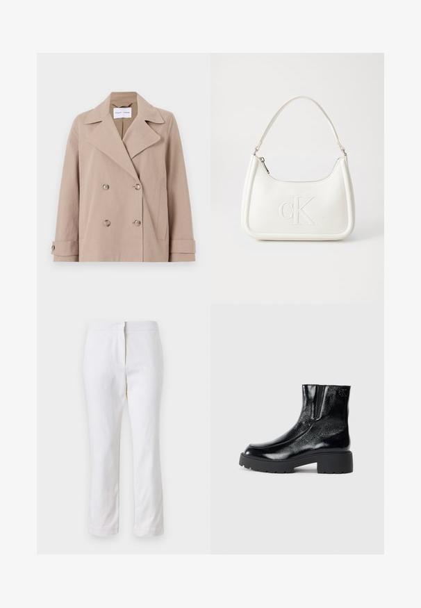 Giacca beige doppiopetto realizzata in tessuto misto cotone, con grandi revers, due tasche anteriori e polsini con bottoni.; T-shirt bianca cropped, maniche corte e larghe, tessuto di cotone morbido, scollatura rotonda con bordino arancione sottile, design minimale, senza motivi o grafiche.; Pantaloni bianchi in cotone con design a gamba dritta, caratterizzati da una vita a media altezza e senza hardware o motivi visibili. Tessuto liscio su tutta la superficie.; Stivali neri alla caviglia con una finitura in pelle laccata lucida, suola in gomma nera spessa e tacco rialzato; include un discreto dettaglio del logo sul lato.; Borsa a tracolla in pelle bianca con forma curva, dotata di un logo "CK" impresso sul davanti e una singola tracolla. Chiusura a zip nella parte superiore.