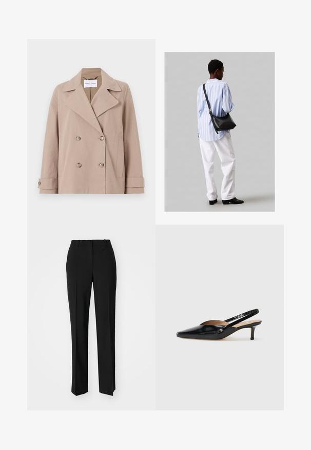 Béžová dvouřadá bunda vyrobená z bavlněné směsi, s velkými klopami, dvěma předními kapsami a knoflíkovými manžetami.; Bílý zkrácený T-shirt, krátké široké rukávy, měkký bavlněný materiál, kulatý výstřih s jemným oranžovým lemováním, minimalistický design, bez vzorů nebo grafik.; Černé kalhoty na míru se střihem do rovna, které mají hladkou texturu a ostré sklady na přední straně. Bez viditelného kování.; Černé lakované slingback lodičky se špičatou špičkou, malým podpatkem a výřezovým designem na svršku. Zlaté kovové detaily na straně.; Černá kožená kabelka přes rameno s jemnou texturou, trojúhelníkovým tvarem a nastavitelným popruhem, v kombinaci se světle modrou pruhovanou košilí a bílými kalhotami.