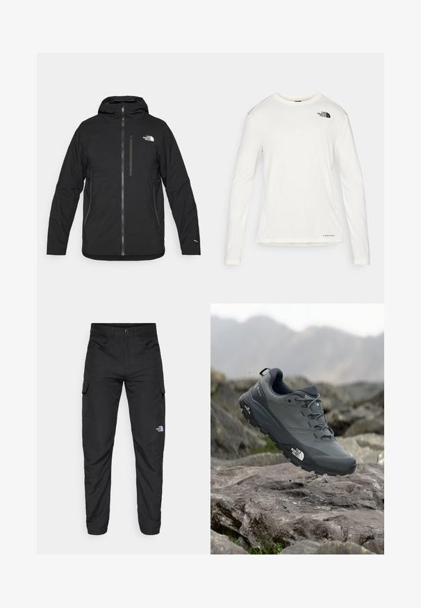Čierna kapucňová bunda vyrobená z textúrovaného materiálu, s predným zipsom, vreckom na hrudi a logom v hornej ľavej časti.; Biela košeľa s dlhým rukávom a okrúhlym výstrihom, textúrovaná látka, čierne logo na ľavom pleci a nenápadné značkovanie na spodnej časti.; The North Face HORIZON PANT - Outdoorové nohavice - black; Šedá trailová bežecká obuv s textúrovaným zvrškom, odolnou gumovou podrážkou a vystuženou špičkou. Obsahuje šnúrky a logo značky na boku.