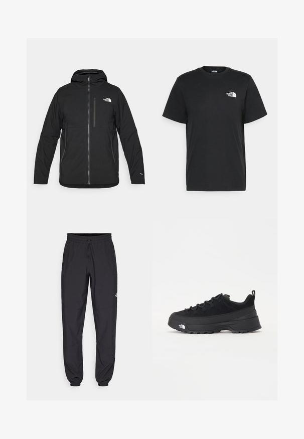 Jachetă neagră cu glugă, realizată dintr-un material texturat, având o fermoar frontal, un buzunar pe piept și un logo în partea superioară stângă.; Tricou negru din bumbac, cu mâneci scurte, guler rotund și un mic logo alb pe pieptul stâng. Design simplu, textură netedă și croială lejeră.; Pantaloni atletici negri, confecționați dintr-un material ușor, cu un tiv elastic la talie, buzunare laterale și tivuri ajustate la gleznă.; Tenisi de exterior negri cu superior din daim, talpă din cauciuc texturat și sistem de șireturi solid. Prezintă un călcâi întărit și un logo al mărcii pe lateral.