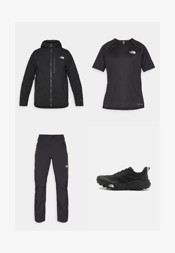 Black hooded jacket made of textured fabric, featuring a front zipper, a chest pocket, and a logo on the upper left side.; Black short-sleeve athletic shirt with a textured fabric, featuring a white logo on the left chest and a straight hem.; Black outdoor pants with a zippered front pocket, synthetic material, tapered legs, and reinforced knee panels. Features a button closure.; Black trail running shoe with a textured upper, rubber sole, and reinforced toe cap. Features a padded collar and pull tab for easy wear.