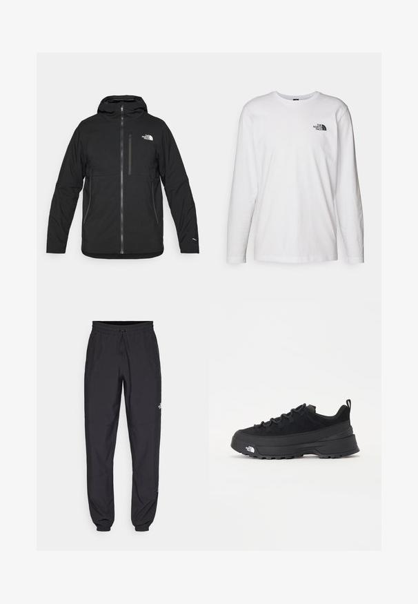 Svart hettejakke laget av teksturert stoff, med glidelås foran, en brystlomme og en logo på øvre venstre side.; Hvit langermet T-skjorte laget av bomull med rund hals. Har en liten svart logo på brystet. Glatt tekstur, vanlig passform.; Sorte idrettsbukser laget av lett stoff, med snor i livet, sidelommer og smale mansjetter ved anklene.; Svart utendørs sneakers med overdel i semsket skinn, teksturert gummisåle og solid snøresystem. Har forsterket hæl og merkevarelogo på siden.