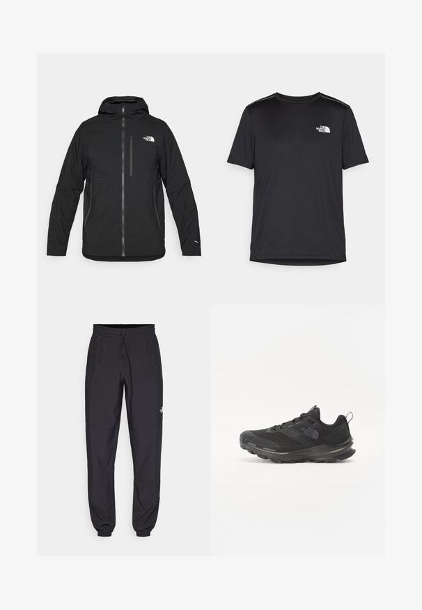 Svart huvjacka i texturerad tyg, med en frontdragkedja, en bröstficka och en logotyp på övre vänstra sidan.; Svart kortärmad T-shirt i lättviktig tyg. Har en liten vit logotyp på vänster bröst och subtila axeltoner.; Svarta träningsbyxor tillverkade av lättviktsmaterial, med dragsko i midjan, sidofickor och avsmalnande muddar vid anklarna.; Svart idrottssko med mesh-överdel, gummiyttersula och vadderad krage. Utrustad med snören, logotyp på sidan och en strukturerad design.