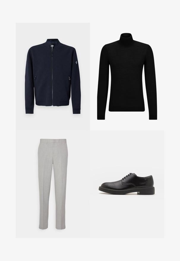 Jūras spēku bumbvedēja jaka ar rāvējslēdzēju, adītām aprocēm un sānu kabatām; tai ir teksturēta virsma un logotipa akcenti uz piedurknes.; Melnā augstā kakla džemperis, kas izgatavots no mīksta materiāla, ar garām piedurknēm un pieguļušu piegriezumu. Ribota apdare ap apakšu un piedurknēm. Vienkāršs dizains.; Gai pelēki bikses ar gludu tekstūru, plakanu priekšpusi un taisnām kājām. Izgatavotas no elpojoša auduma, ar iekšējām kabatām un jostu cilpām.; Melna āda sašūta kurpe ar noapaļotu purngalu, gludu tekstūru, minimālu šuvju skaitu un zemu gumijas papēdi. Logo uz papēža.