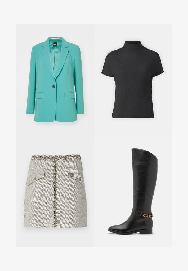 Turkoosi bleiseri, joka on valmistettu sileästä, muotoonommellusta kankaasta, jossa on yksittäinen nappisulku, notched-lapels ja kaksi etutaskua, joissa on brändätty vuori.; Musta lyhythihainen turtleneck-paita, joka on valmistettu kevyestä kankaasta, jossa on sileä rakenne ja tiukka muotoilu, ja siinä on korkea kaulus.; Kudottu tweed-hame valkoisen ja mustan herringbone-kuvion kanssa, jossa on kaksi etutaskua ja kultasävyinen vetoketju takana, jossa on kuluneet reunat.; Pitkiä mustista nahkasaappaista, joissa on tyylikäs muotoilu, terävä kärki ja kultaketjuakseli nilkassa. Matala lohko korko. Sujuva pinta.