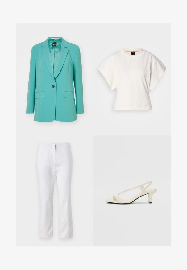 Mēteļa zila žakete, izgatavota no gludas, piegriezīgas auduma, ar vienu podziņu aizdari, ieliekamām apkaklēm un divām priekšējām kabatām ar zīmolu odere.; Balts īsais T-krekls, plašas īsas piedurknes, mīksts kokvilnas materiāls, apaļa kakla izgriezums ar delikātu oranžu apdari, minimāls dizains, bez rakstiem vai grafikām.; Baltas kokvilnas bikses ar taisnu kāju dizainu, ar vidēju augstumu un bez redzamām detaļām vai rakstiem. Visā virsmā ir gluda tekstūra.; Beige bloku papēžu sandales ar plānām siksnām un kvadrāta formas purngalu. Gluda materiāla virsma ar minimālām detaļām, paredzētas ērtai nēsāšanai.