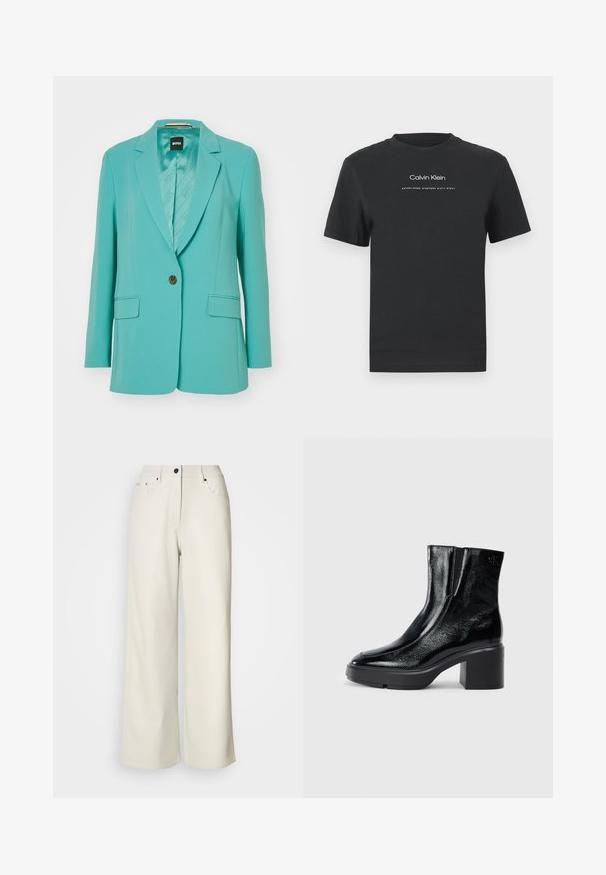 Mēteļa zila žakete, izgatavota no gludas, piegriezīgas auduma, ar vienu podziņu aizdari, ieliekamām apkaklēm un divām priekšējām kabatām ar zīmolu odere.; Melna kokvilnas T-kreklā ar apaļu apkakli, īsām piedurknēm un baltu uzdrukātu "Calvin Klein" logotipu un tekstu "Izveidots 1968".; Krēmkrāsa platās bikses, izgatavotas no gludas auduma. Iezīmē vidēji augstu jostasvietu, rāvējslēdzi un divas priekšējās kabatas ar melniem aksesuāriem.; Melnas lakotas ādas potītes zābaki ar izliekto purngalu, elastīgām sānu paneļiem un masīvu blokveida papēdi. Aizmugurē ir izsistā logo.