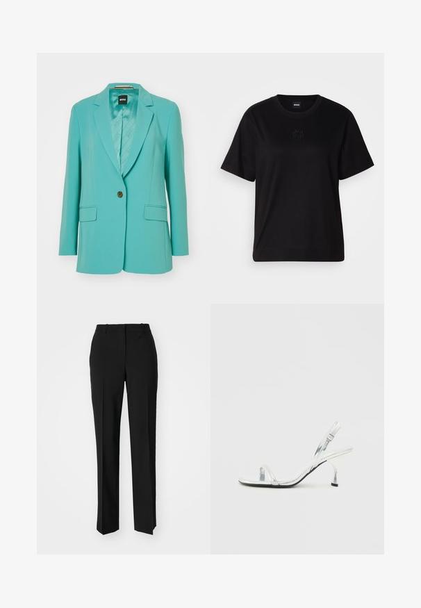 Teal sako iz gladkega, prilagojenega blaga s posameznim gumbom za zapiranje, z nazobčanimi reverji in dvema sprednjima žepoma z označeno podlogo.; Črna bombažna majica s krožnim izrezom, kratkimi rokavi in izvezenim logotipom na prsih. Preprosta, sproščena silhueta brez vzorcev.; Črne krojene hlače s direktnim krojem, ki se ponašajo z gladko teksturo in ostrimi pregibi spredaj. Ni vidne kovine.; Srebrna patentna usnjena sandala na visoki peti s ozkim pasom za prste, nastavljivim zaponcem in vitkim petami.