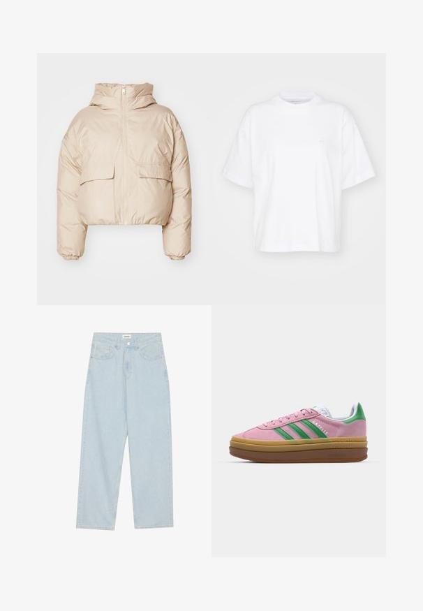 Creme cropped pufferjakke lavet af quiltet stof med en frontlynlås, to klaplommer og elastiske manchetter. Hætte-design.; Hvid bomulds t-shirt med rund hals, korte ærmer og en afslappet pasform. Har et diskret logo på venstre brystområde. Glat tekstur.; Lysblå vidde jeans lavet af denim, med mid-rise talje, fem lommer og en knaplukning med en slank metalaccent.; Lyserøde ruskindsneakers med grønne striber, hvide accenter og en brun gummisål. Har tekstureret stof og logodetaljer på siden.