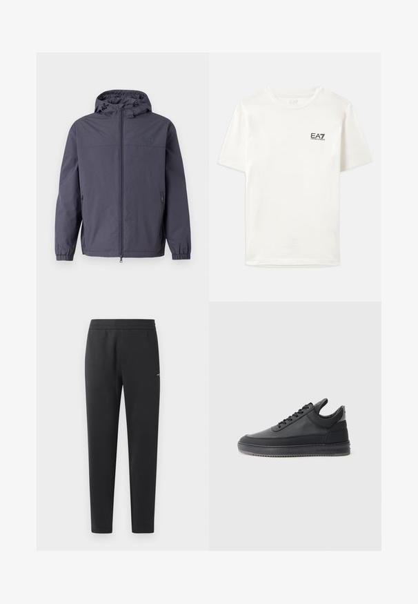 Vodoodporna jakna s kapuco v temno sivi barvi, z zadrgo po celotni sprednji strani, elastičnimi manšeti in dvema stranskima žepoma. Gladka, mat tekstura.; Bela bombažna majica s kratkimi rokavi, okroglim izrezom in majhnim črnim logotipom EA7 na levem prsnem delu. Gladka tekstura, standarden kroj.; Črne trenirka hlače iz mehkega blaga, z elastičnim pasom, ravnimi nogami in z enim majhnim logotipom na strani.; Črne usnjene superge z teksturirano površino, s sistemom vezanja, nizkim zgornjim delom in sivo gumijasto podplato, ki ima rebrast rob.