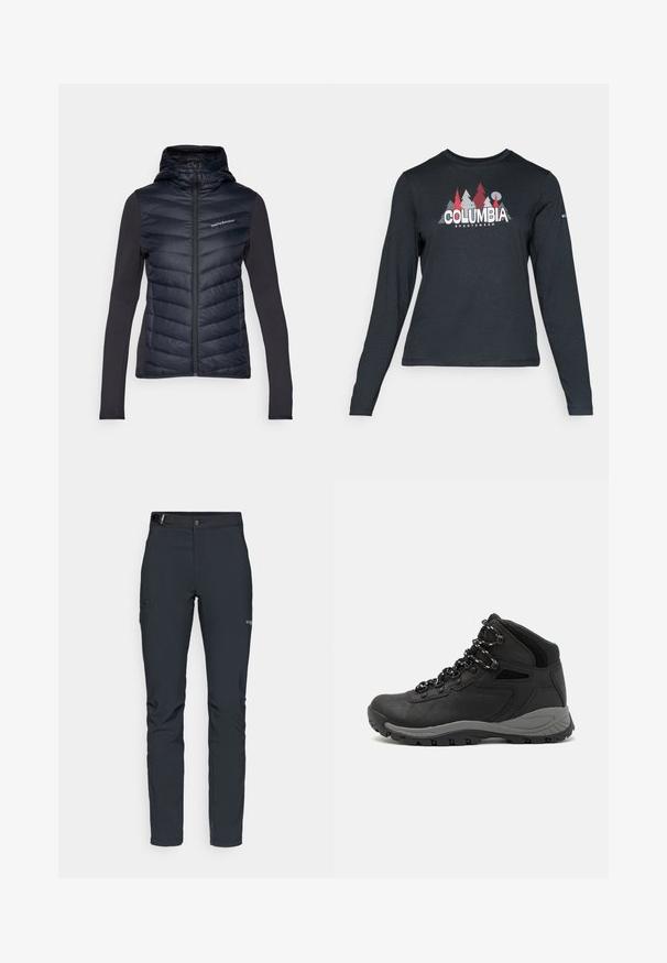 Peak Performance FROST HYBRID HOOD - Jachetă cu puf - black; Cămașă cu mâneci lungi de culoare gri închis, cu un grafic de copaci roșii și munți; logo-ul "COLUMBIA" în text alb îngroșat. Material moale, guler standard de tip crew.; Pantaloni de exterior pentru bărbați, gri închis, fabricați dintr-un material flexibil, cu un brâu, buzunare cu fermoar și cusături consolidate.; Botă de drumeție neagră cu un design mediu, având un material texturat, accente gri și o talpă din cauciuc durabilă cu crampoane pentru aderență.