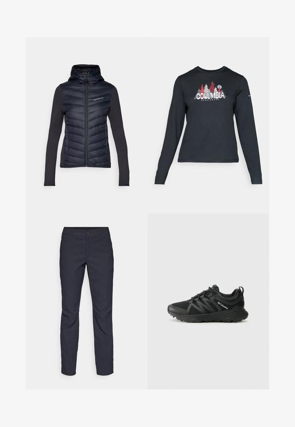 Peak Performance FROST HYBRID HOOD - Sulejope - black; Pikend varrukatega tumehall särk, millel on punaste puude ja mägede graafika; "COLUMBIA" logo julge valge tekstiga. Pehme kangas, tavaline ümmargune kaelus.; Tumedat sinised püksid sujuva kangaga, millel on esiääre nuppude sulgemine, kitsas lõige ja volditud detailid põlvede piirkonnas.; Columbia PEAKFREAK - Matkajalatsid - black