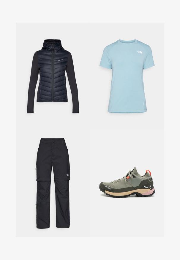 Peak Performance FROST HYBRID HOOD - Doudoune - black; T-shirt bleu clair à manches courtes avec un col rond. Il présente un tissu doux, des manches raglan et un logo blanc sur le côté gauche de la poitrine.; Pantalons cargo en nylon noir, à zip amovible, avec chevilles ajustables, plusieurs poches et un logo sur la jambe droite. Texture lisse et légère.; Chaussure de randonnée légère verte avec des matériaux en mesh et en caoutchouc, semelle extérieure noire antidérapante, accents roses et oranges, et capuchon renforcé.