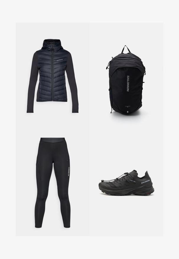 Peak Performance FROST HYBRID HOOD - Dunjakker - black; Langærmet hvid sportstrøje med høj hals og lille centralt logo på brystet, vist på en ensfarvet baggrund.; Sorte atletiske leggings med en tætsiddende pasform, lavet af strækbart materiale. Har sidelommer og hvid "TERREX" branding.; Sorte trail løbesko med en tekstureret overdel, mesh-paneler og et sikkert lukkesystem. Har en robust ydersål for godt greb.; Sort rygsæk med et strømlinet design, tekstureret stof, justerbare stropper og et fremtrædende sølvfarvet "SALOMON" logo på fronten.