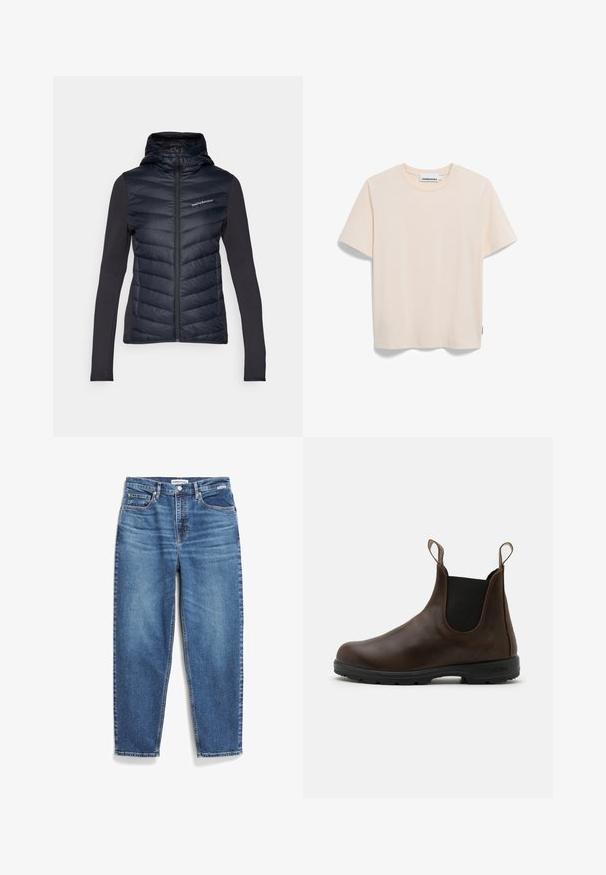 Peak Performance FROST HYBRID HOOD - Down jacket - black; Light beige short-sleeve t-shirt made of soft fabric, featuring a round neck and a straight cut. Label visible at the bottom left.; Blue denim jeans with a straight-leg design, five pockets, and subtle fading. Features a button closure and contrast stitching.; Brown leather ankle boot with elastic side panels, pull tabs, and textured rubber sole. Features a sleek, rounded toe design.