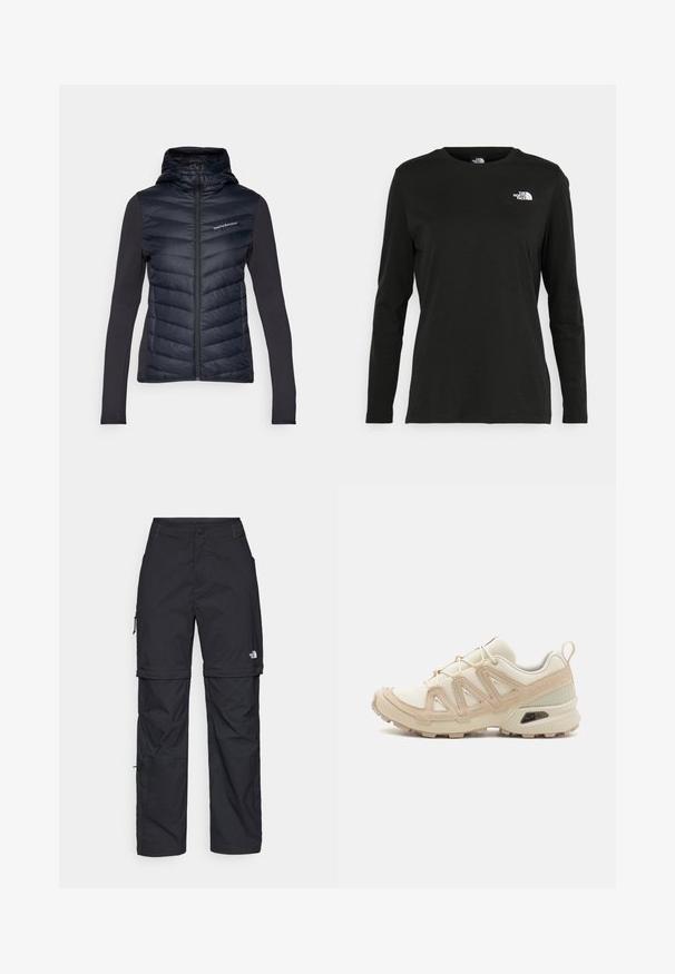 Peak Performance FROST HYBRID HOOD - Sulejope - black; Must mustahiheline T-särk, millel on pikad varrukad, valmistatud puuvillast ja ümarast kaelusest. Vasakul rinnal on väike valge logo. Lihtne disain ja sobivus.; Mustad nailonist valmistatud eemaldatavad cargo-püksid, reguleeritavate pahkluudega, mitmete taskutega ja paremal jalal logoga. Sile, kerge tekstuur.; Beež ja koobalti spordijalats tekstureeritud võrkkattega, toetavad ülemised kihid ja kummist tallaga, millel on mustriga joonistus haardeks.