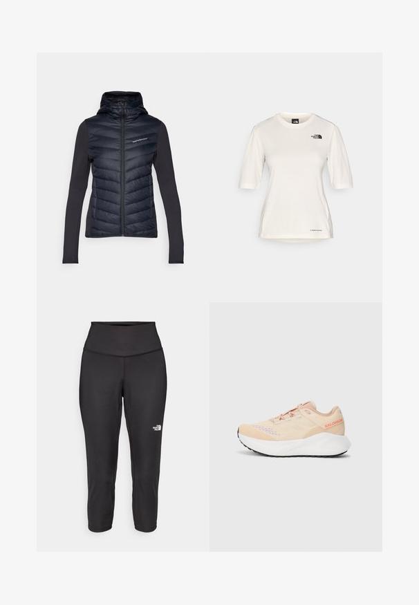 Peak Performance FROST HYBRID HOOD - Gewatteerde jas - black; The North Face SHADOW SHORT SLEEVE  - Sport T-shirt - white dune; Zwarte capri-legging gemaakt van rekbare stof, met een hoge tailleband en een klein wit logo aan de linkerkant. Glad textuur.; Lichtroze en beige Salomon hardloopschoen met een dikke witte zool en zwarte loopvlak, zijaanzicht op een plain witte achtergrond.