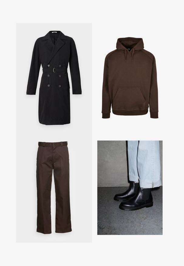 Čierny dvojradový trenčkot s klopovými goliermi, opaskom a veľkými gombíkmi. Hladká tkanina so štruktúrovaným strihom a dlhými rukávmi.; Hnedá kapucňová mikina vyrobená z mäkkej tkaniny, so predným vreckom, rebrovanými manžetami a lemom. Hladká textúra s nastaviteľnými šnúrkami.; Hnedé nohavice so strihom rovného nohu, s plochým predným dielom, pútkami na opasok a hladkou textúrou. Jednoduchý dizajn bez vzorov alebo akcentov.; Čierne kožené Chelsea čižmy s elastickými bočnými panelmi a textúrovanou gumovou podrážkou, v kombinácii s svetlomodrými rifľovými nohavicami s manžetami.