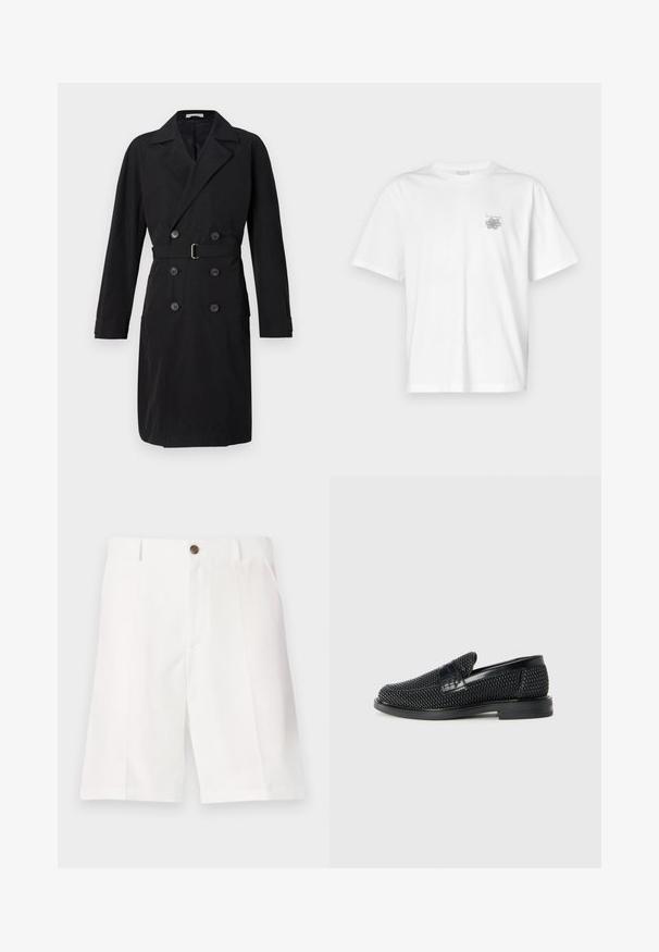Musternahk must-trench coat, mille valdne kaelus, vöö ja suured nööbid. Sile kangas, struktureeritud siluett ja pikad varrukad.; Valge puuvillane T-särk lühikeste varrukatega, ümmarguse kaelusega ja väike hall logo vasakul rinnaosal. Sile tekstuur.; Valged Bermuudashortsid, mis on valmistatud kergest kangast ja millel on mugav lõige. Šortsidel on üks pruun nupp ja eesmine Taskud.; Must musta kootud slip-on king, millel on pehme nahast accent ülaserval, ümmargune varvas ja madal profiiliga kummitald.