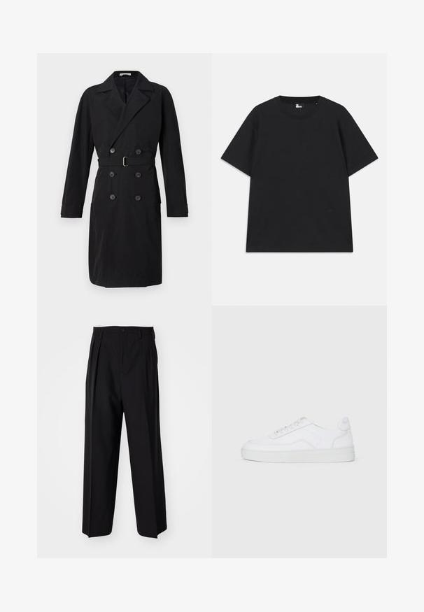 Casaco trench preto de dupla abotoadura com lapelas recortadas, cinto e botões grandes. Tecido suave com uma silhueta estruturada e mangas compridas.; Camiseta preta de mangas curtas em algodão, com decote redondo e um pequeno detalhe de logo perto da bainha. Textura suave, corte regular.; Calças pretas plissadas com um design reto e de perna larga. Feitas de um tecido liso, apresentam um fecho de botão e passantes para cinto.; Sapatilha baixa branca com atacadores, parte superior lisa e sola de borracha sobre um fundo claro e simples.