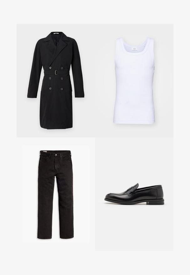 Musta kaksirivinen trenĉtakko, jossa on lovi-kaulukset, vyö ja suuret napit. Sujuva kangas, jolla on rakennettu siluetti ja pitkät hihat.; Valkoinen puuvillainen hihaton toppi, jossa on pyöreä pääntie. Topissa on sileä pinta ja se on muotoiltu istuvaksi, suunniteltu rentoon käyttöön.; Mustat suorat farkut, joissa on viisi taskua, nappisulku ja vyölenkit, aseteltuna tasaisesti valkoista taustaa vasten.; Mustat nahkakengät, joissa on sileä pinta, pyöreä kärki ja koristeellinen nauha jalkapöydän yli. Matala pinoitu koroke, minimalistinen muotoilu.