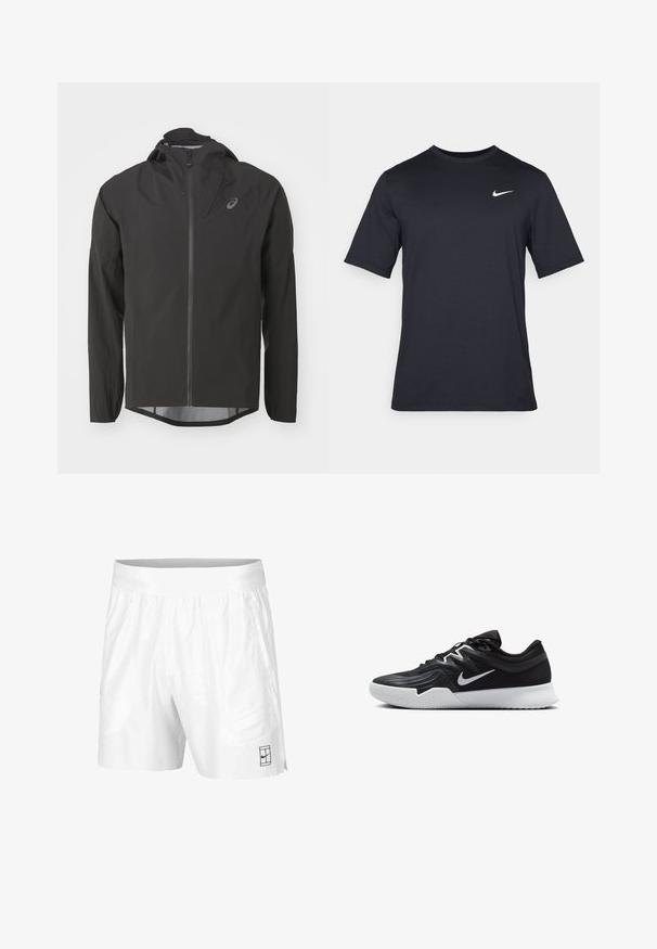 Svart vattentät jacka med dragkedja framtill, justerbar huva och långa ärmar. Har en slät yta och en diskret logo på bröstet.; Svart kortärmad Nike t-shirt i slät tyg, med en vit swoosh-logotyp på övre vänstra sidan, rund halsringning.; Vita idrottsshorts tillverkade av lätt tyg med resårmidja, med två sidofickor och en liten svart logotyp på fållen.; Svarta träningsskor med en texturerad ovandel, vit Nike-logga och en vit gummisula. Har snörningsdesign och en dynamisk form.