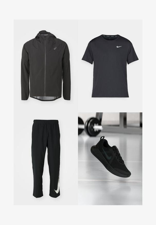 Giacca impermeabile nera con zip anteriore, cappuccio regolabile e maniche lunghe. Presenta una texture liscia e un logo discreto sul petto.; Maglietta da corsa Nike nera realizzata in materiale leggero e traspirante, con maniche corte e un piccolo logo bianco sul petto.; Pantaloni sportivi neri con cintura elasticizzata, design affusolato, caratterizzati da un grande logo Nike bianco sulla gamba sinistra. Tessuto morbido e leggero.; Scarpa sportiva nera con tomaia in mesh testurizzato, suola in gomma e un prominente logo swoosh scuro. Presenta un colletto imbottito e design con lacci.
